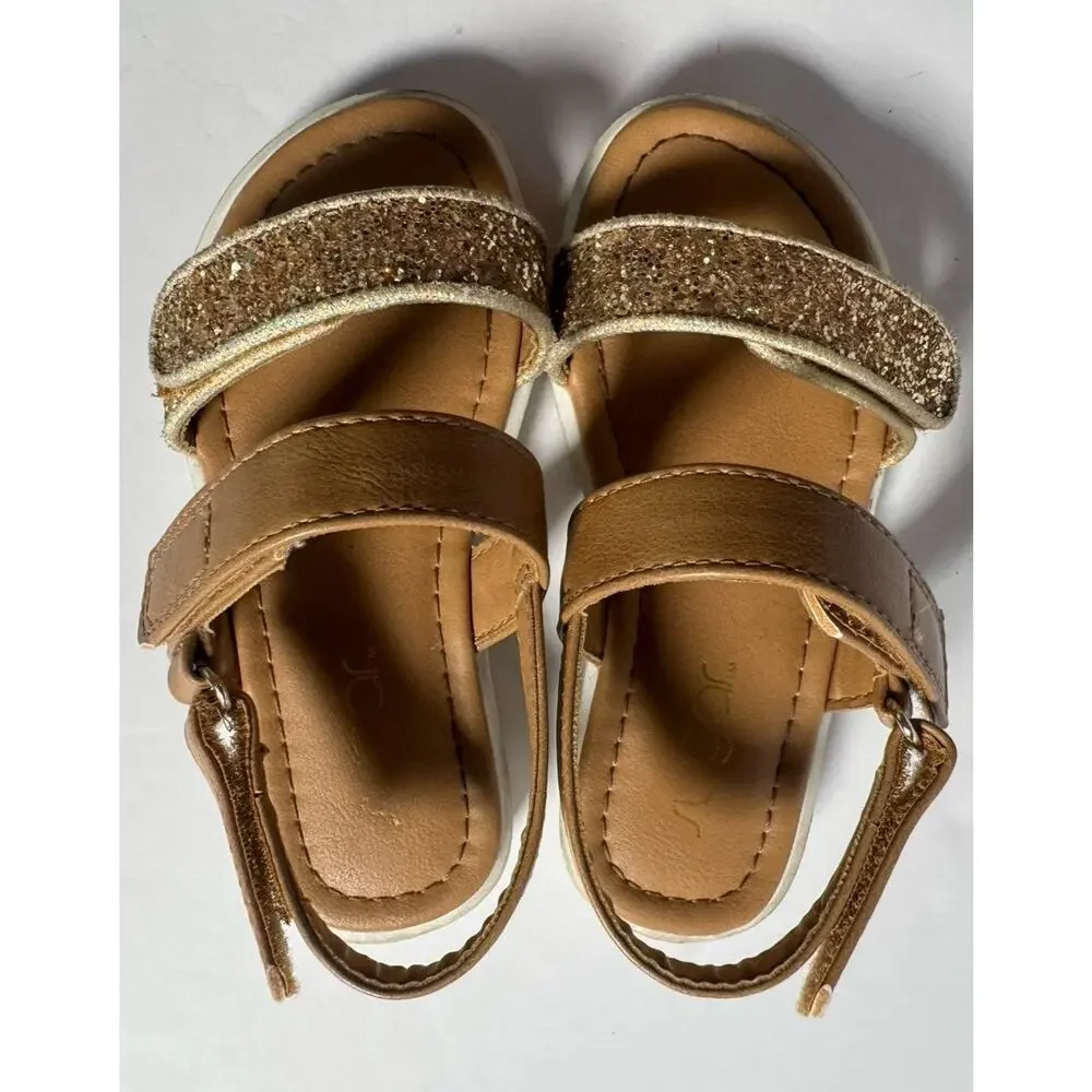 Sugar Girls Toddler Size 9 Gold Glitter Tan Strappy Sandals Hook Loop